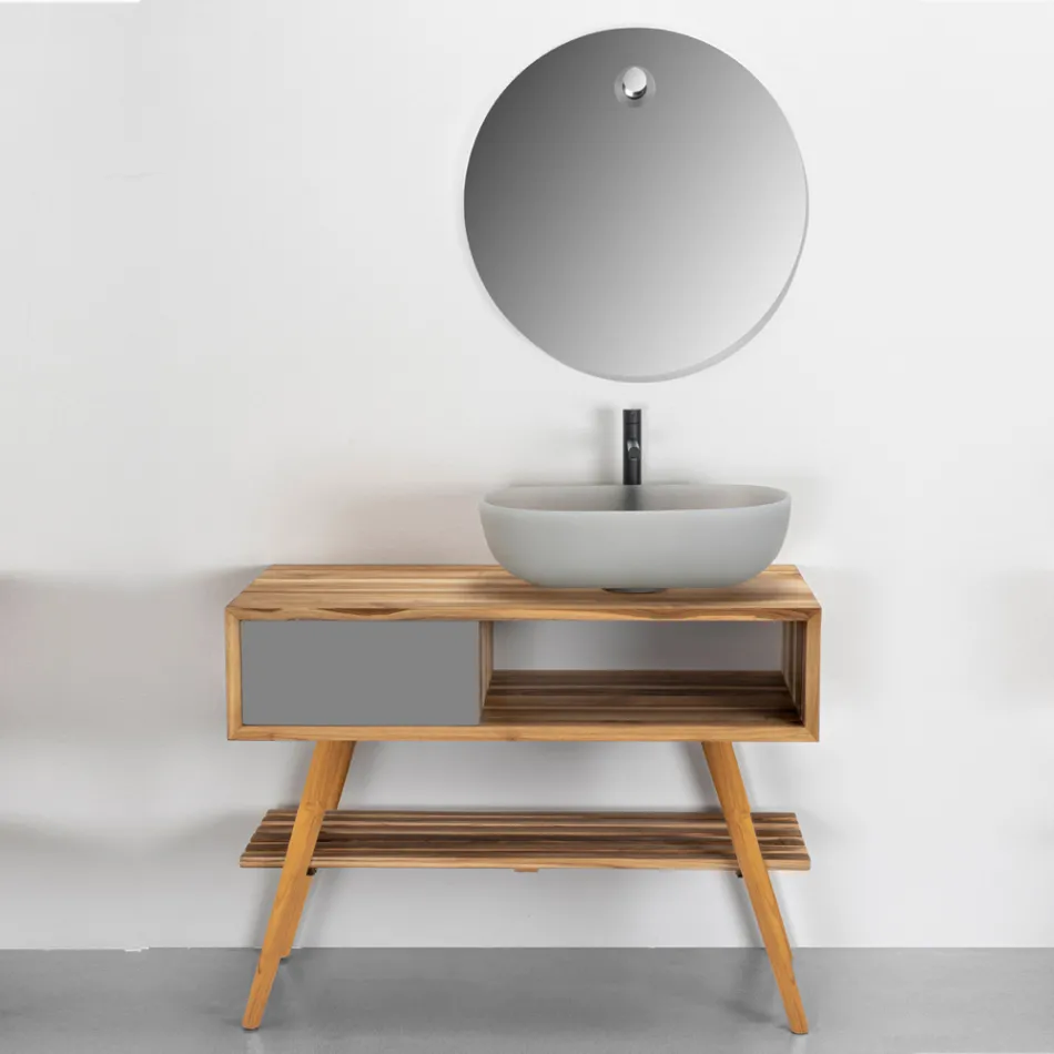 Composición de muebles de baño gris con espejo y gabinete de suelo - Sylviane viadurini