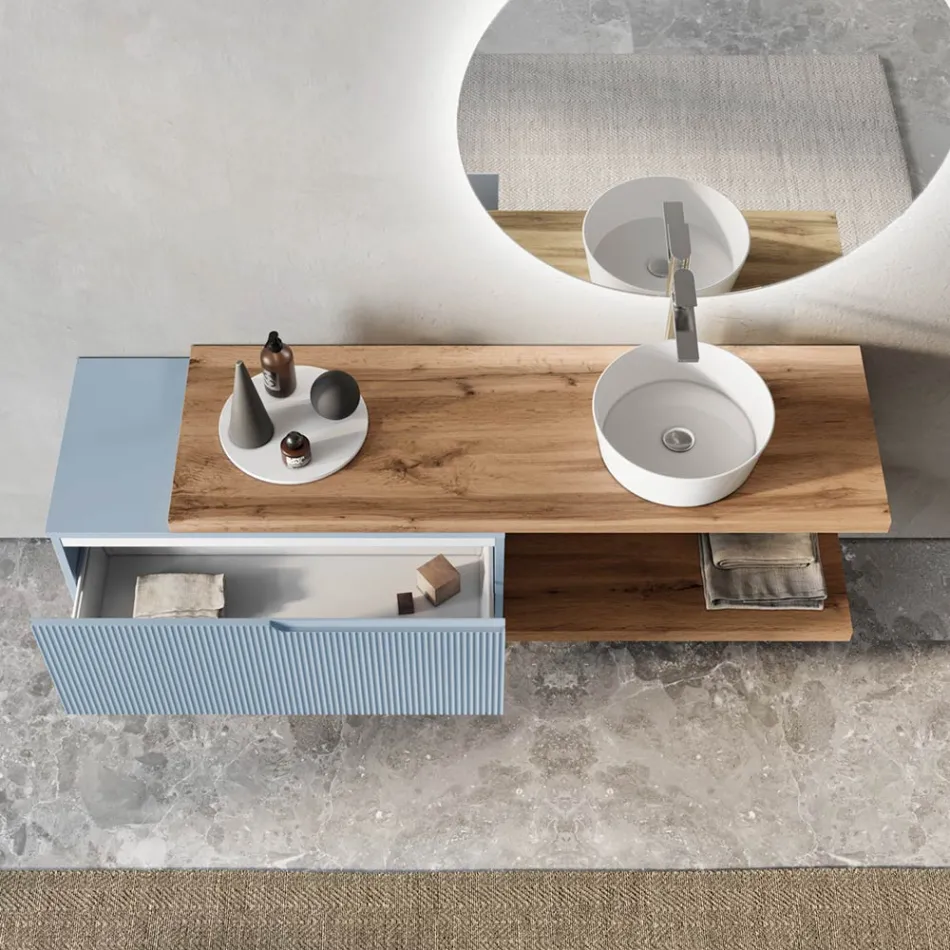 Composición de baño azul Tiffany y roble con espejo Made in Italy - Ermes viadurini