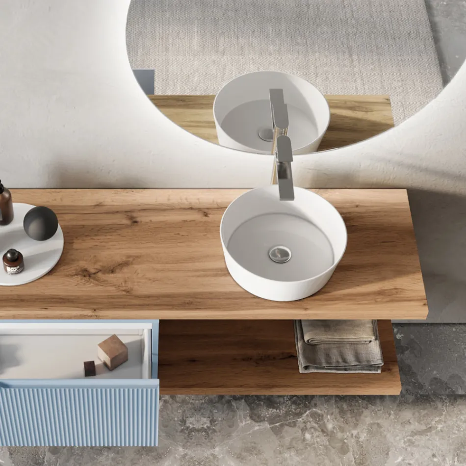 Composición de baño azul Tiffany y roble con espejo Made in Italy - Ermes viadurini