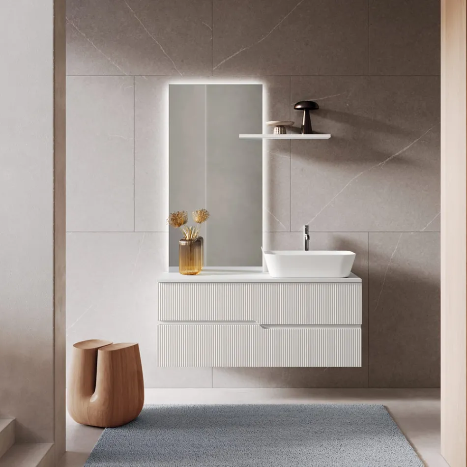 Composición de baño blanca con espejo y estante Made in Italy - Ares viadurini