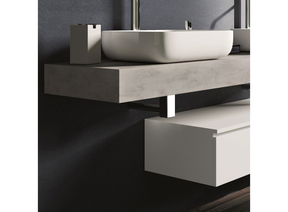 Composición de Baño Color Cemento y Blanco Mate con Lavabo, Espejo y Base - Palom viadurini