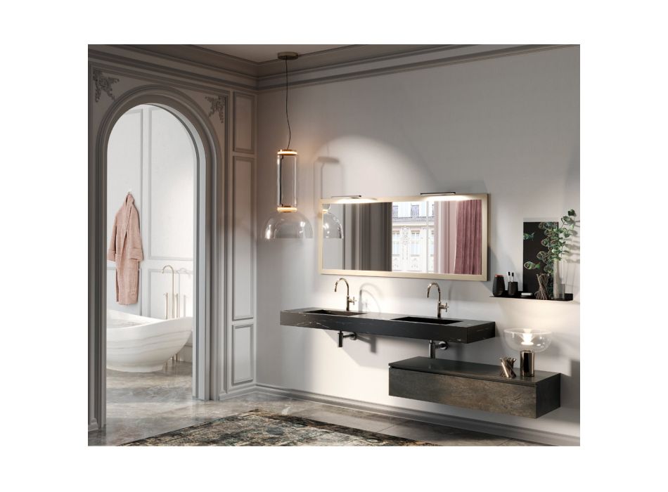 Composición de baño completa con espejo y lavabo doble Made in Italy - Palom viadurini