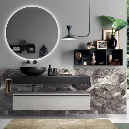 Composición de baño completa con espejo, lavabo, base y encimera Made in Italy - Palom viadurini