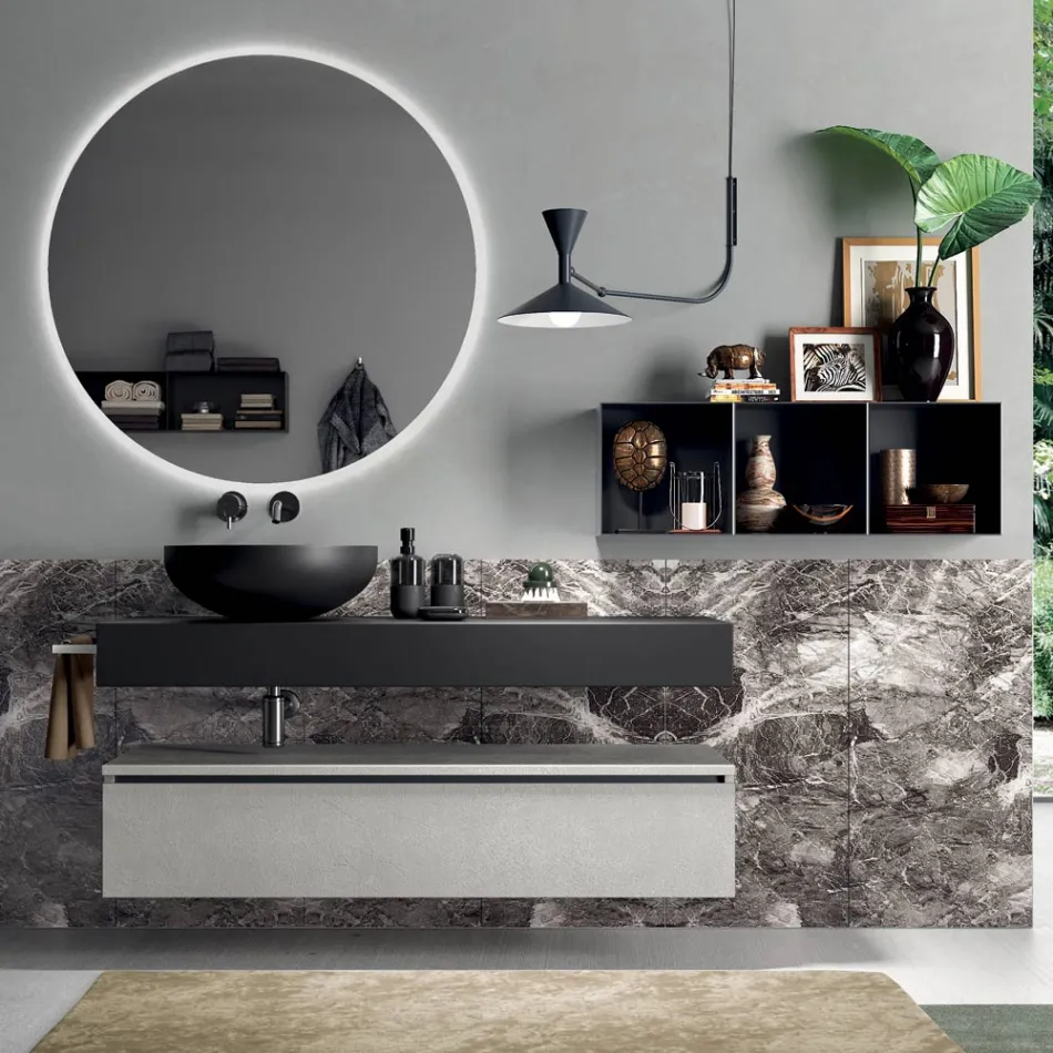 Composición de baño completa con espejo, lavabo, base y encimera Made in Italy - Palom viadurini