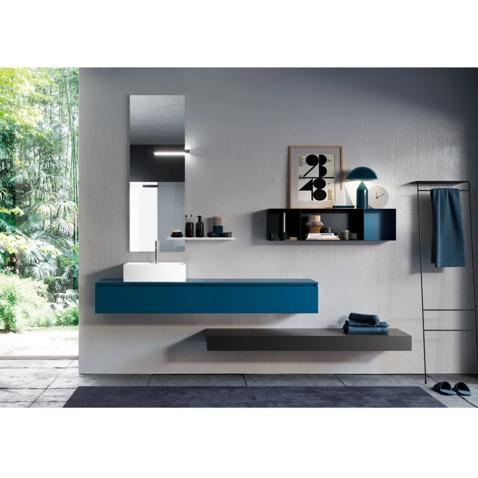 Composición de baño completo con espejo, lavabo de cerámica Made in Italy - Palom viadurini