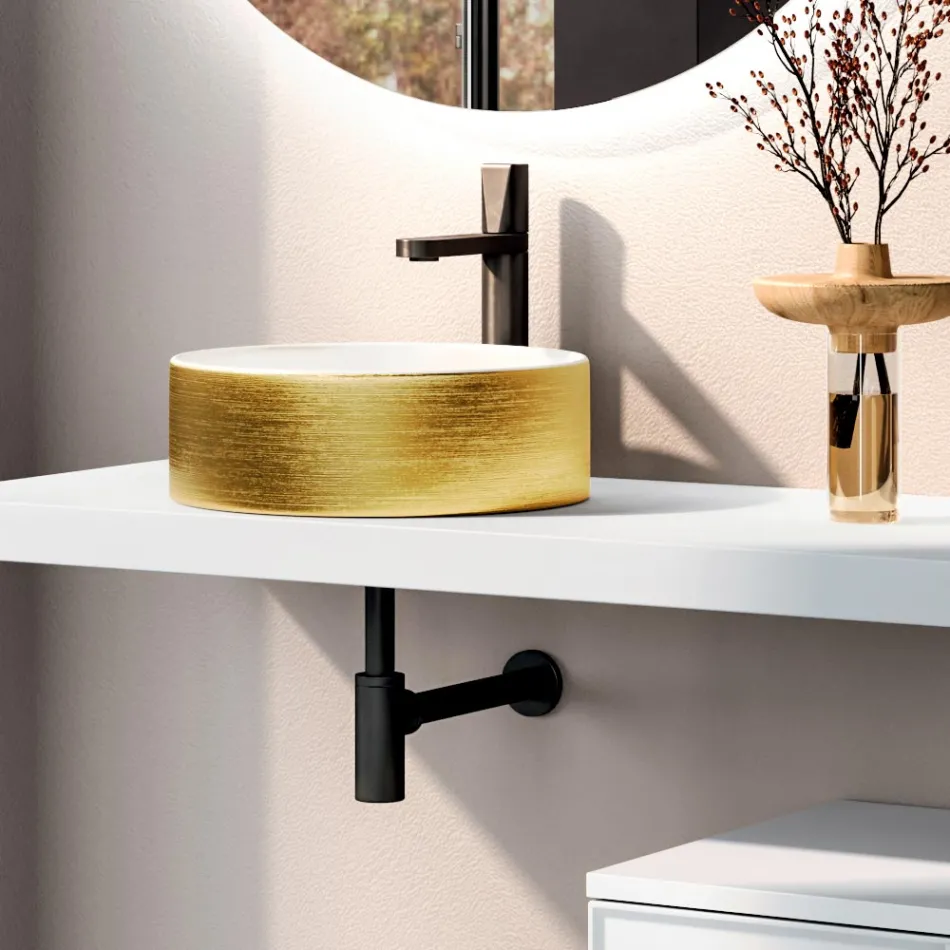 Composición de baño que incluye base con cajón, lavabo, espejo y cubo - Orione viadurini