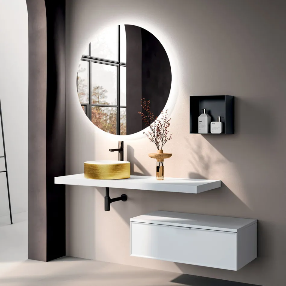 Composición de baño que incluye base con cajón, lavabo, espejo y cubo - Orione viadurini