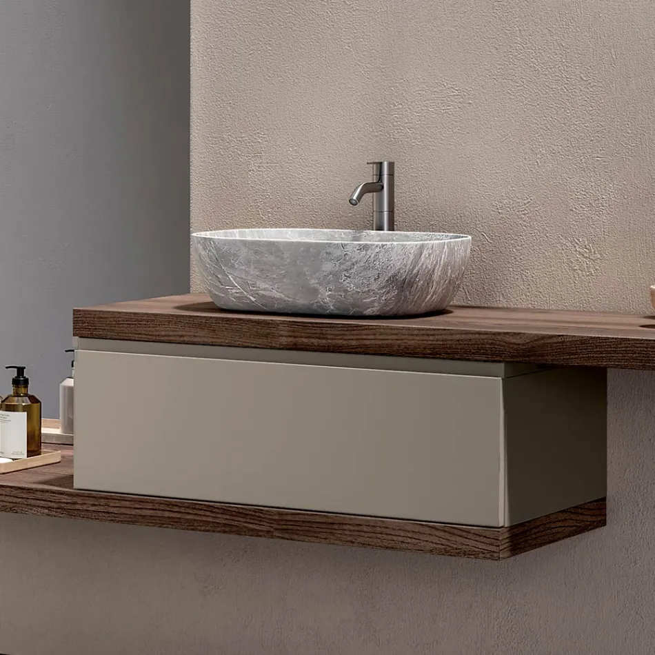 Composición de baño con 1 cajón, 2 estantes de roble, lavabo y espejo - Titan viadurini