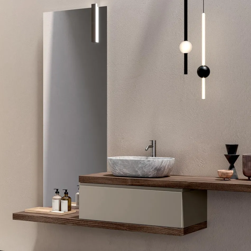 Composición de baño con 1 cajón, 2 estantes de roble, lavabo y espejo - Titan viadurini