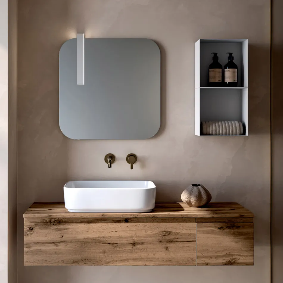 Composición de baño con 2 cajones de roble, lavabo de cerámica y espejo - Titan viadurini