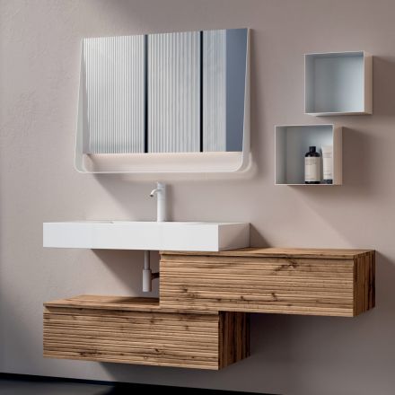 Composición de baño con 2 cajones, lavabo blanco, espejo y mueble de pared - Elios viadurini