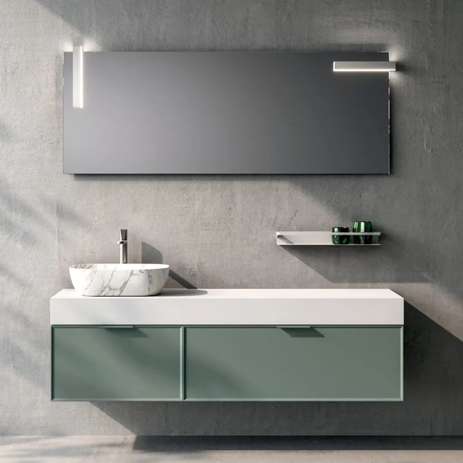 Composición de baño con 2 cajones, lavabo de cerámica Calacatta y espejo - Orione viadurini