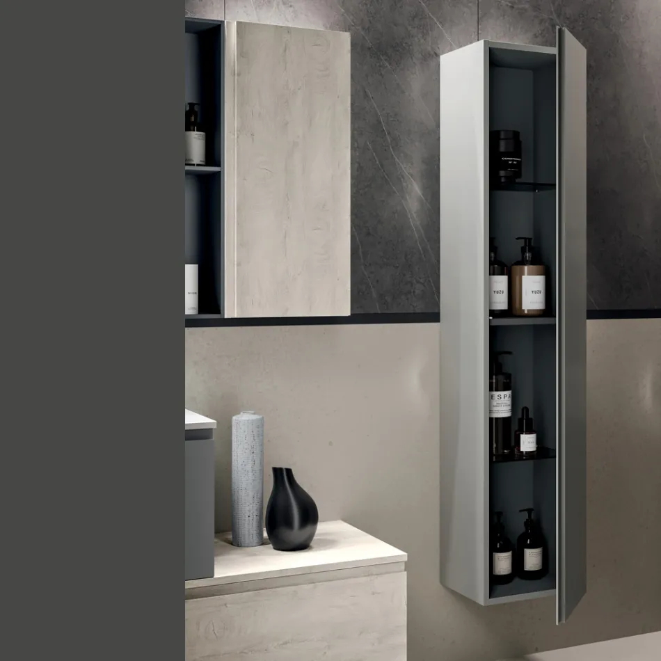 Composición de baño con 2 cajones, mueble de pared, columna y espejo - Titan viadurini