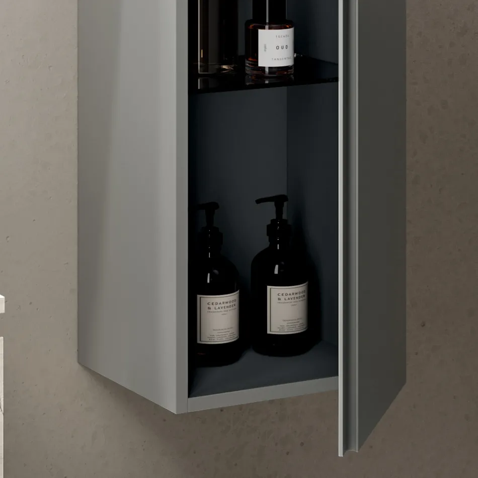 Composición de baño con 2 cajones, mueble de pared, columna y espejo - Titan viadurini