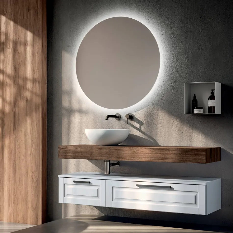 Composición de baño con 2 cajones, espejo y lavabo de resina blanca - Magnolia viadurini