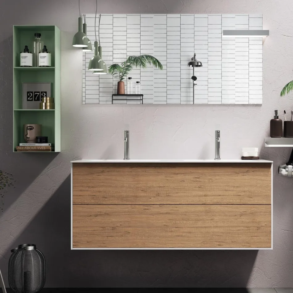 Composición de Baño con Base Roble Miel, Lavabo y Espejo Made in Italy - Kilos viadurini