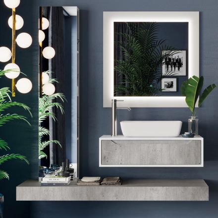 Composición de baño con base, encimera, lavabo y columna de espejo Made in Italy - Polsen viadurini