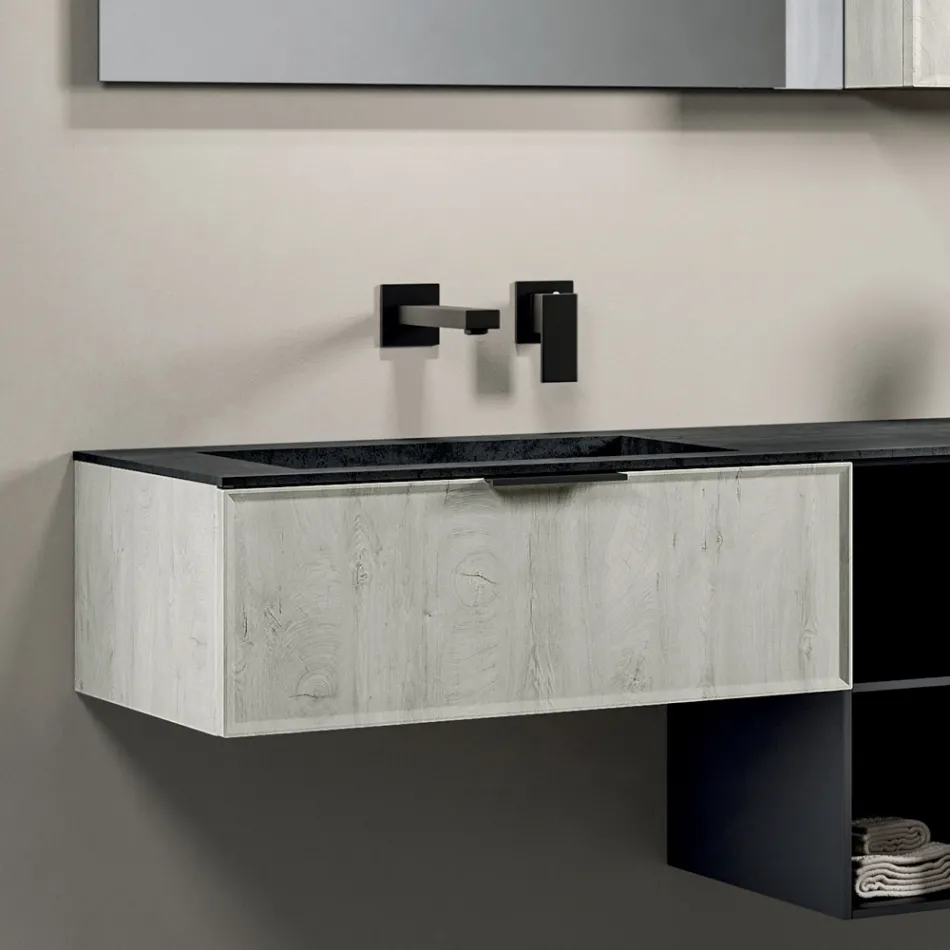 Composición de baño con cajones, lavabo, espejo y mueble de pared - Orione viadurini