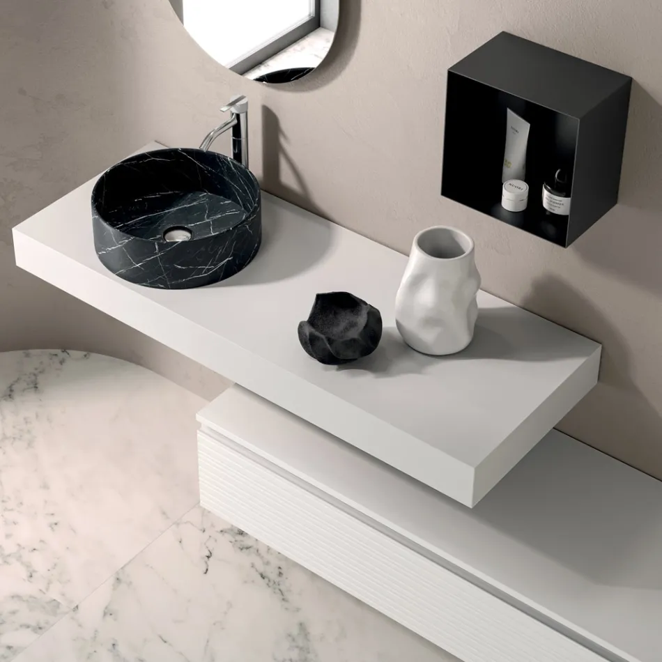 Composición de baño con cajón, lavabo, espejo, mueble de pared y estantería - Elios viadurini