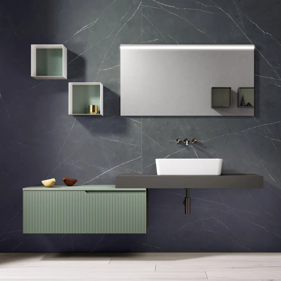 Composición de Baño con Espejo y Muebles Altos de Metal Made in Italy - Efesto viadurini