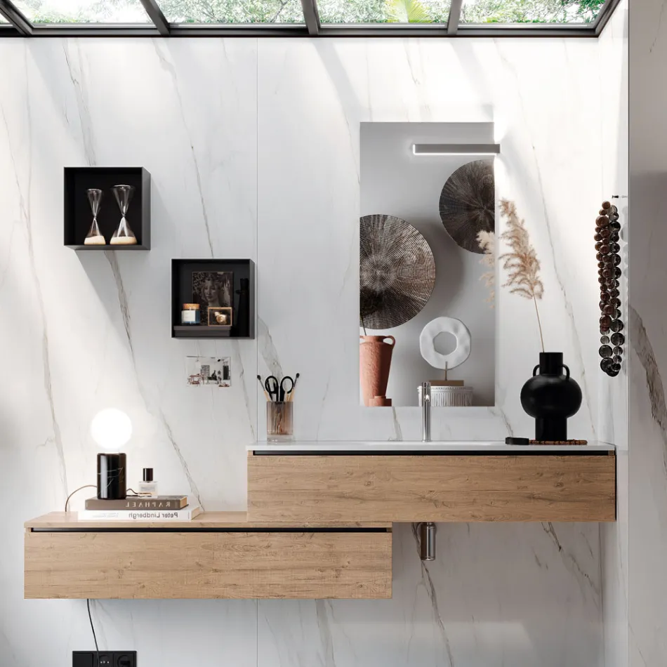 Composición de Baño con Espejo, Lavabo de Resina y Base Made in Italy - Palom viadurini
