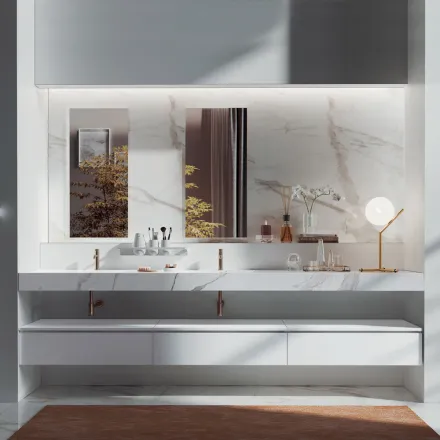 Composición de baño doble con espejo rectangular y lavabo Made in Italy - Palom viadurini