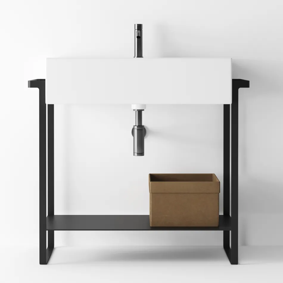 Composición de Baño Lavabo de Cerámica y Base de Acero Made in Italy - Quadro viadurini