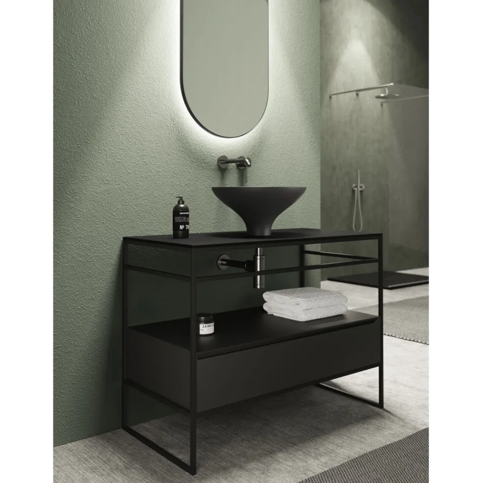 Lavabo de composición de baño en cerámica y espejo Made in Italy - Hoscar viadurini