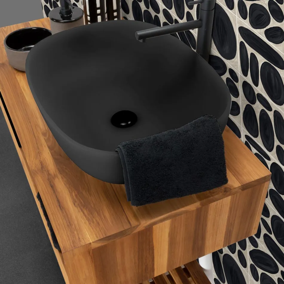 Composición de baño negra con mueble de teca y accesorios de calidad - Sylviane viadurini