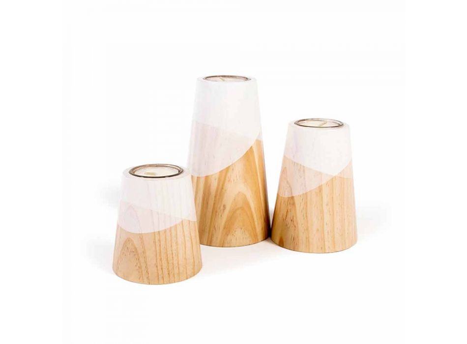 Composición de 3 candelabros modernos en madera de pino macizo - Blanco viadurini