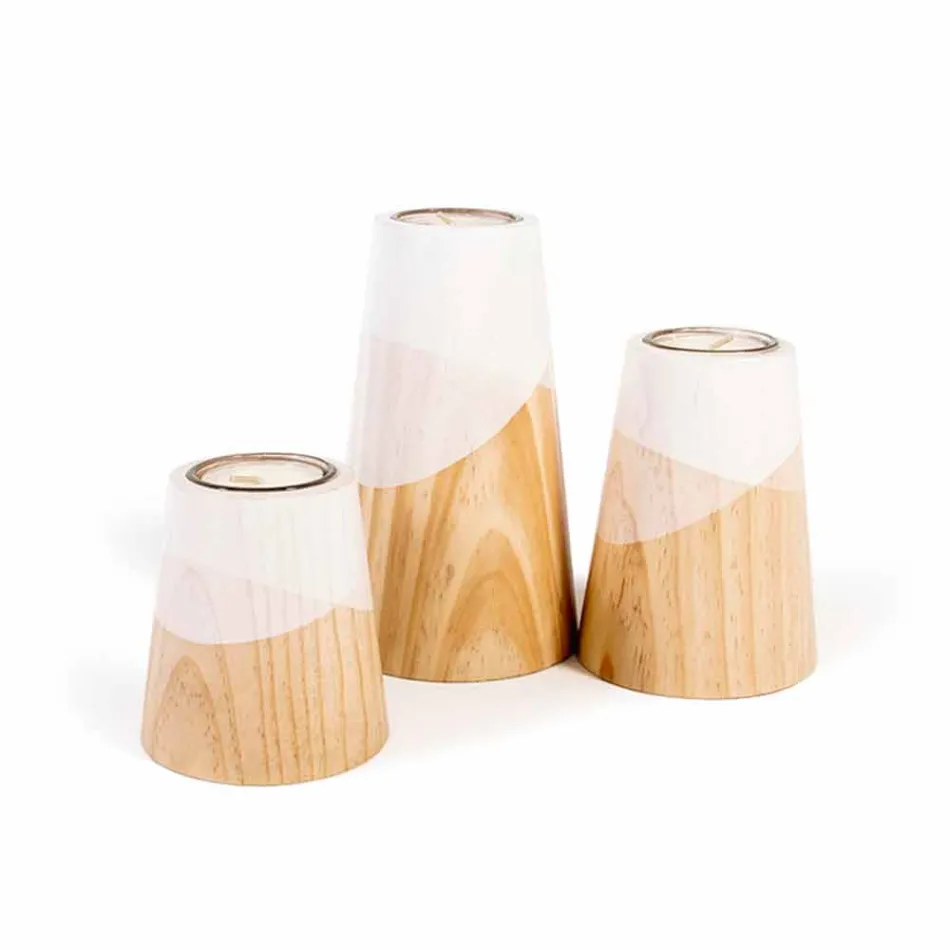 Composición de 3 candelabros modernos en madera de pino macizo - Blanco viadurini
