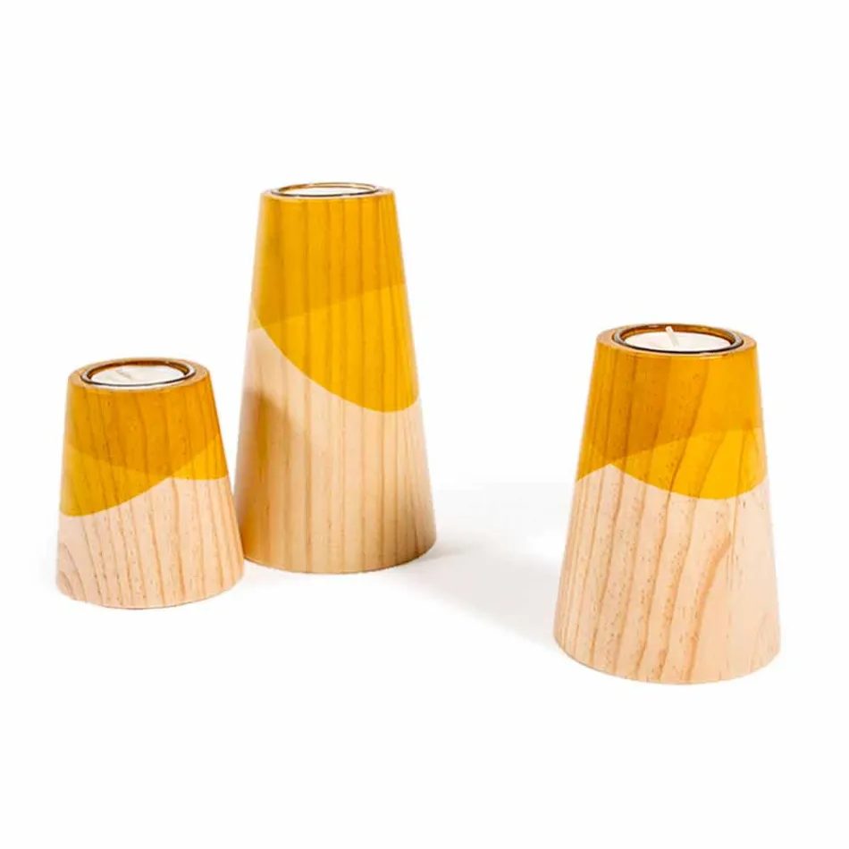 Composición de 3 candelabros modernos en madera de pino macizo - Blanco viadurini