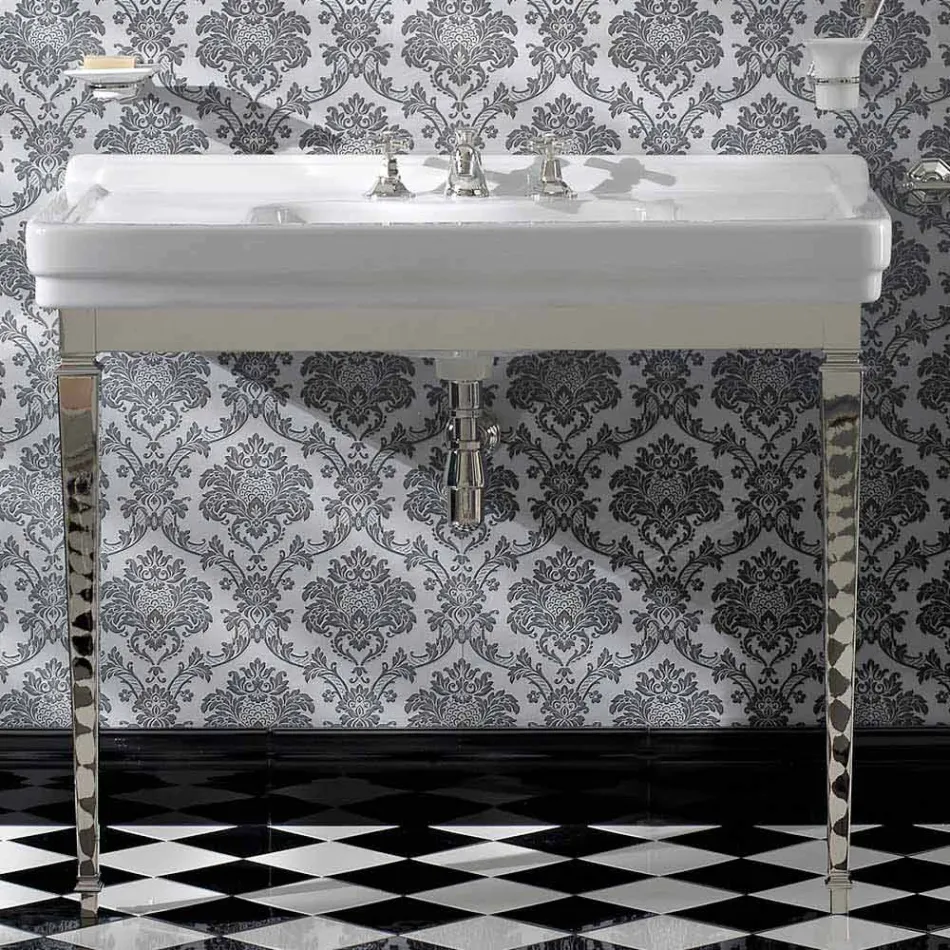 Consola de baño de cerámica blanca vintage de 105 cm con pies, Made in Italy - Marwa viadurini