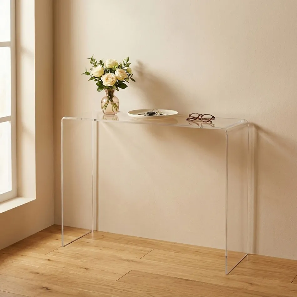 Mesa consola moderna en plexiglás transparente o multicolor, fabricada en Italia - Emy viadurini