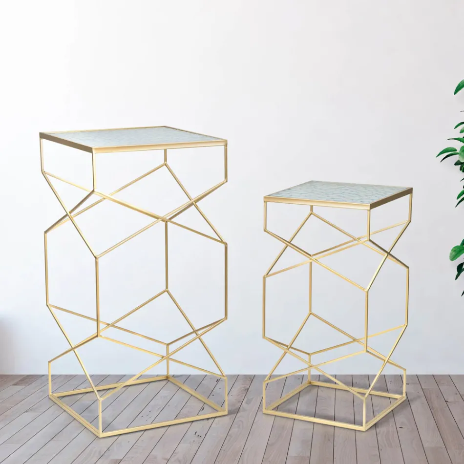 Par de mesas telefónicas cuadradas en hierro dorado y tapa de cristal - Pope viadurini