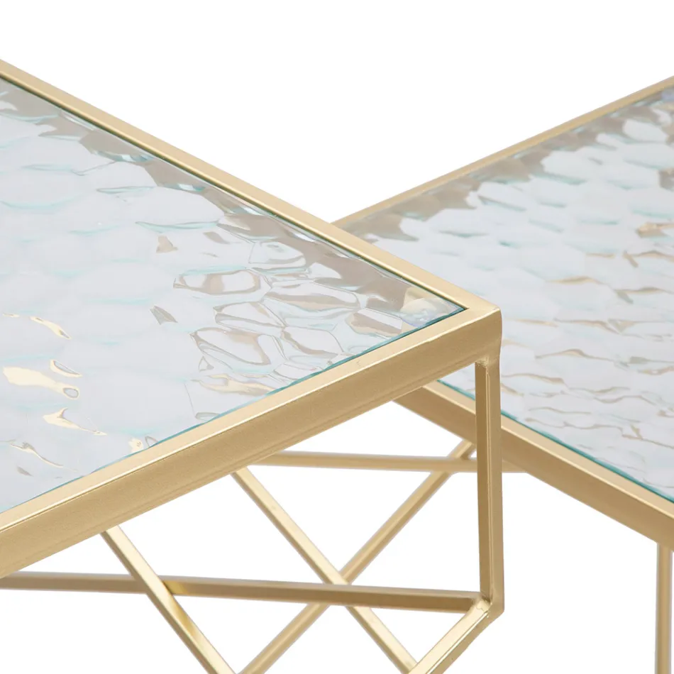 Par de mesas telefónicas cuadradas en hierro dorado y tapa de cristal - Pope viadurini