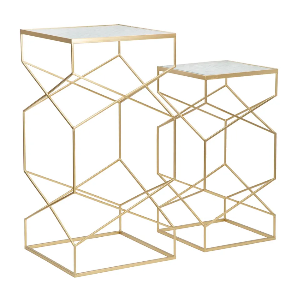 Par de mesas telefónicas cuadradas en hierro dorado y tapa de cristal - Pope viadurini