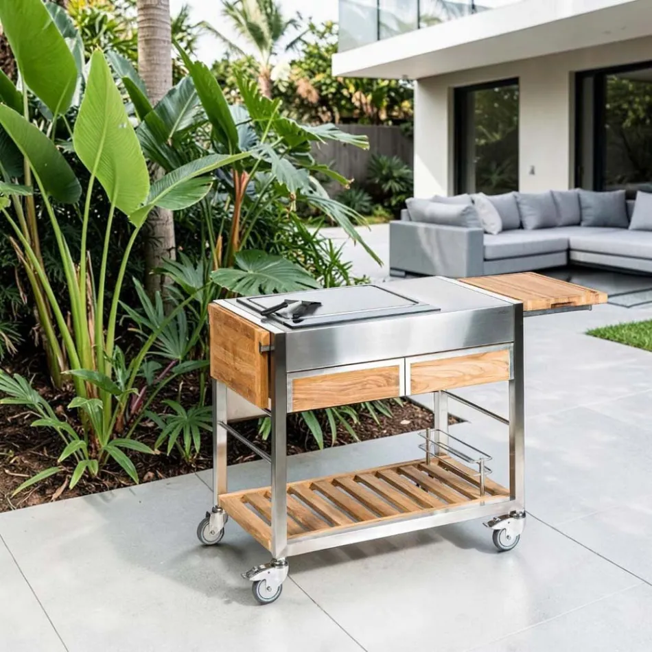 Cocina exterior sobre ruedas de acero y madera con Teppanyaki - Buoncalliope viadurini