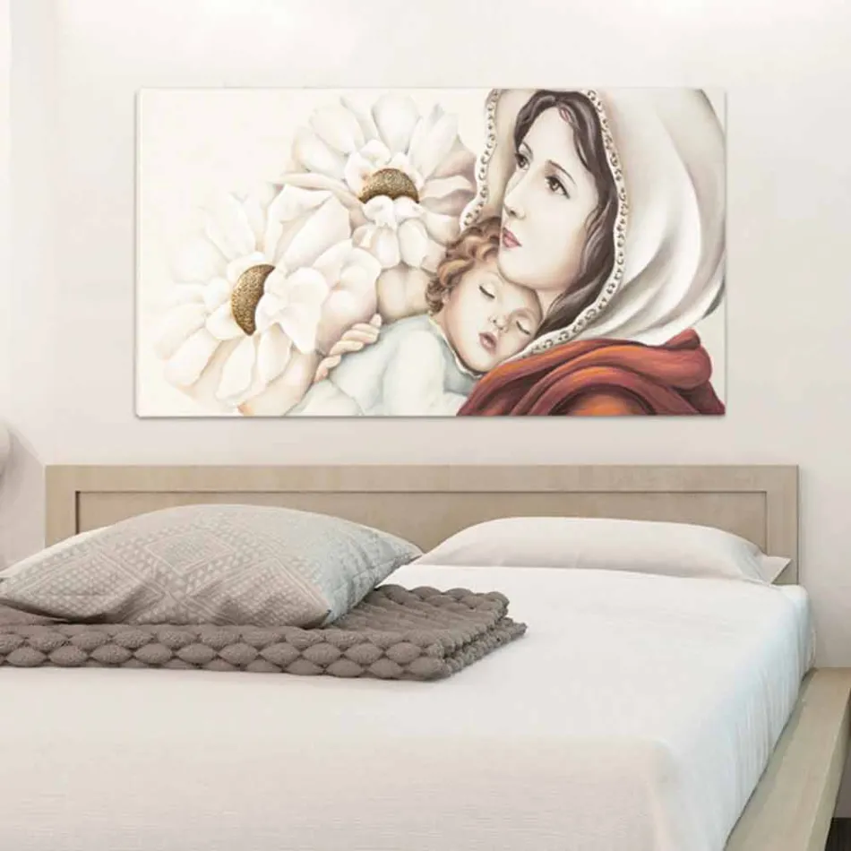 Pintura moderna madre con el niño en la decoración de hojas de oro de Scott viadurini