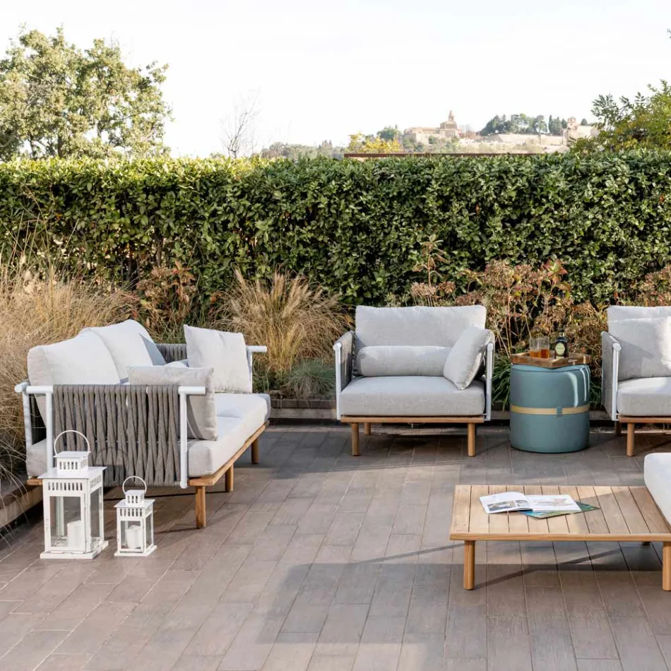 Sofá de 2 plazas en teca, tejido de cuerdas y cojines - Bellatrix viadurini