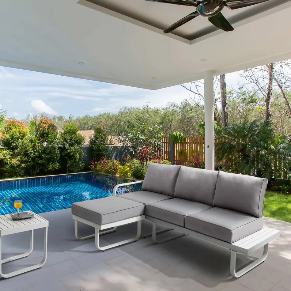 Sofá de 3 plazas con puf de jardín de aluminio y cojines grises - Avoir viadurini