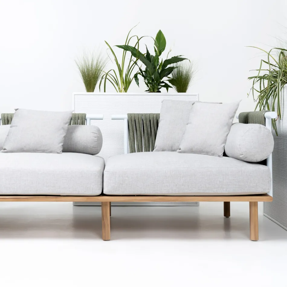 Sofá de 4 plazas en teca, tejido de cuerdas y cojines - Bellatrix viadurini