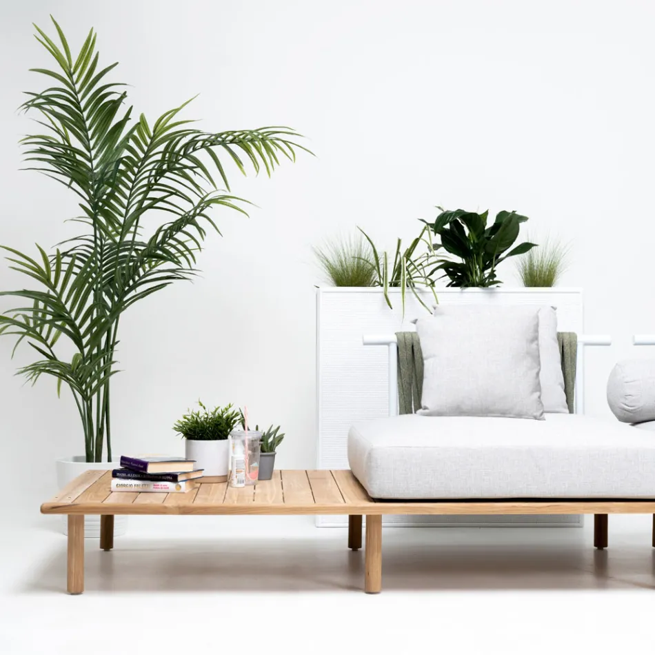 Sofá de 4 plazas en teca, tejido de cuerdas y cojines - Bellatrix viadurini