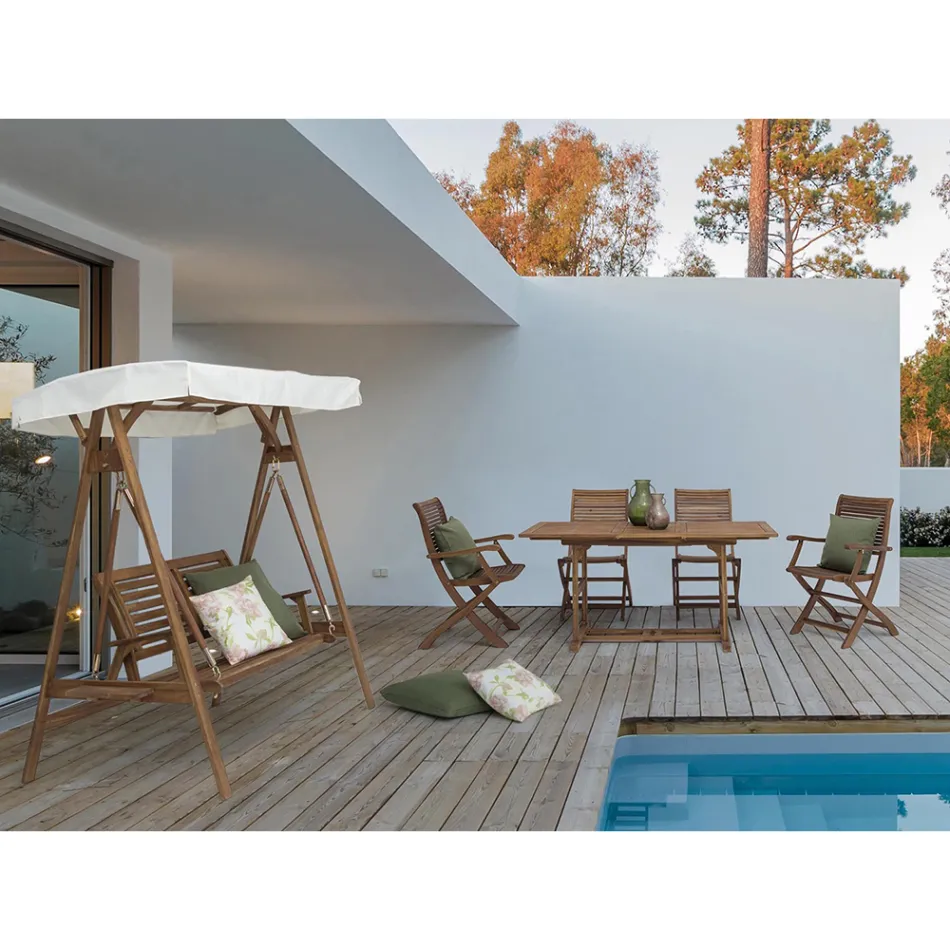 Sofá de jardín mecedora de 2 plazas en madera de acacia con lona blanca - Roxen viadurini