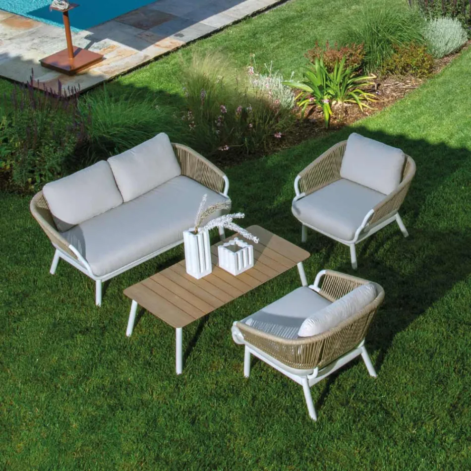 Sofá con sillones y mesa de centro de aluminio blanco para jardín - Tenda viadurini