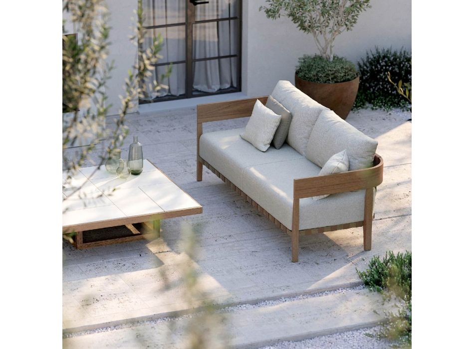 Sofá de jardín en madera de iroko y tela Made in Italy - Briga viadurini