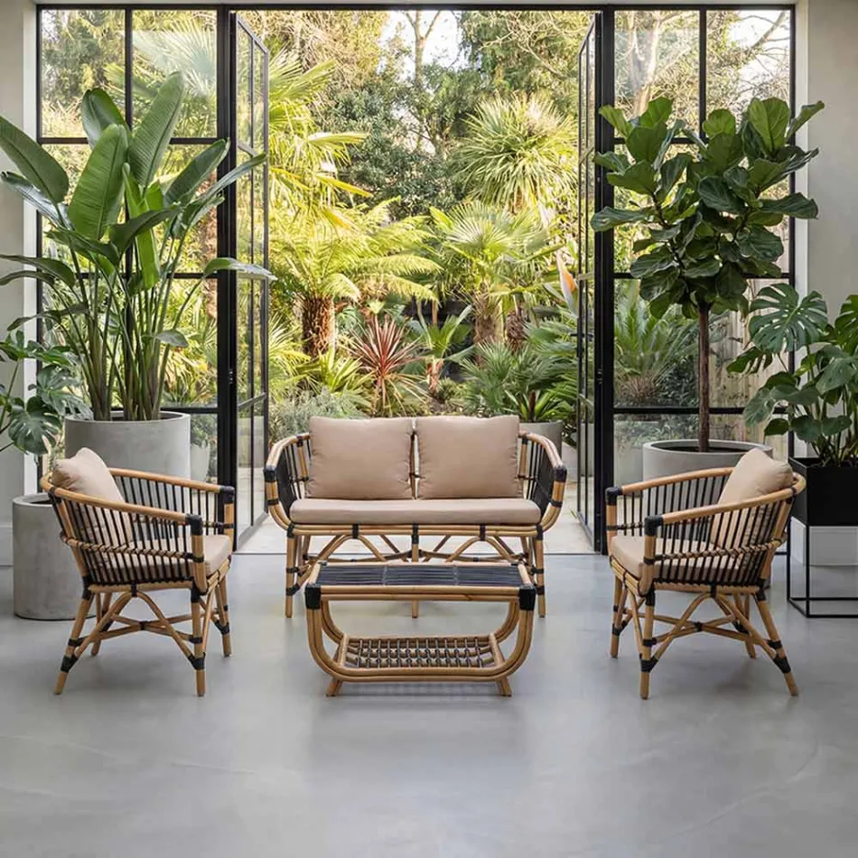 Sofá de jardín en ratán natural con cojines incluidos - Catelyn viadurini