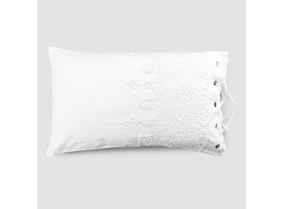 Funda de almohada de lino blanco con encaje, botones y lazos de almohada - Malone viadurini