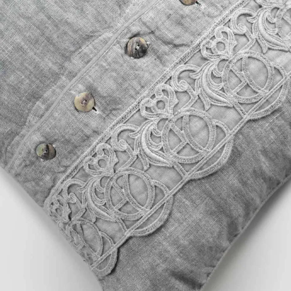 Funda de almohada de cama de lino gris con encaje italiano de lujo Sinergia - Stego viadurini