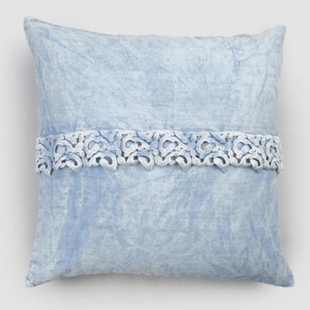 Funda de almohada de lino azul claro de lujo con diseño cuadrado de encaje Made in Italy - Kiss viadurini
